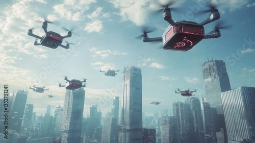 Obraz na płótnie Drones Flying Over Cityscape Delivering Packages in Futuristic Sky w salonie
