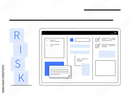 Letters forming RISK stacked beside a digital dashboard interface with checklists, forms, and notes. Ideal for risk analysis, project management, business planning, data security, compliance, digital
