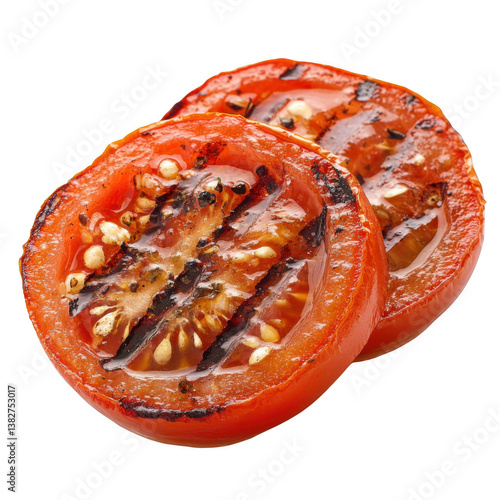 Two grilled tomato slices with charred grill marks on a transparent background close up shot for food photography