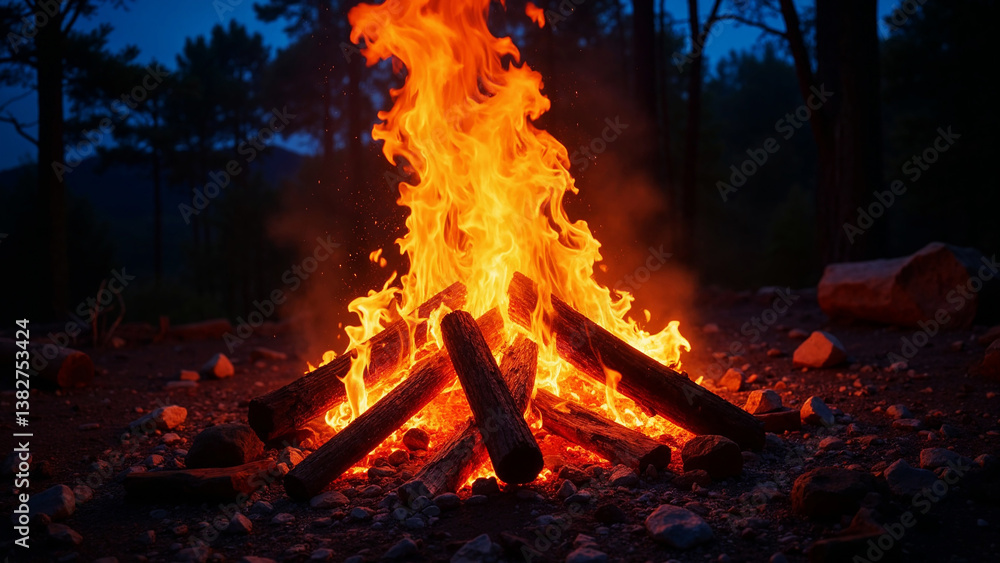 Obraz premium Campfire Flames Illuminating the Night Forest 