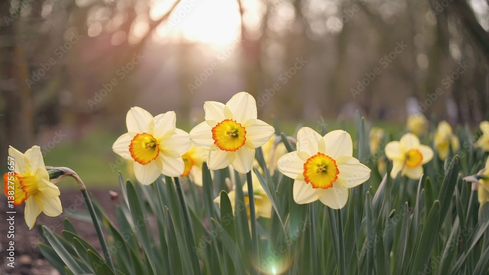 Fototapeta premium A vibrant display of yellow tulips against the backdrop of a setting sun.