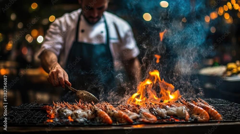Grilling Shrimp on a Hot Grill with Smoke and Flames