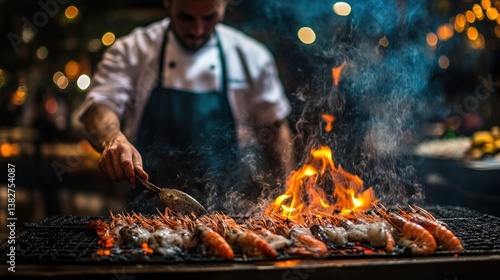 Obraz na płótnie Grilling Shrimp on a Hot Grill with Smoke and Flames w salonie