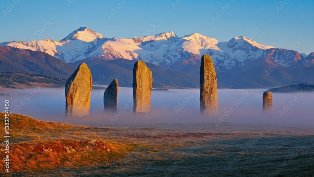 A foggy mountain range with a group of stone pillars in the foreground. The fog is thick and the mountains are covered in snow. The scene is serene and peaceful, with the fog adding a sense of mystery