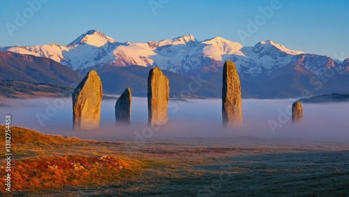 Obraz na płótnie A foggy mountain range with a group of stone pillars in the foreground. The fog is thick and the mountains are covered in snow. The scene is serene and peaceful, with the fog adding a sense of mystery w salonie