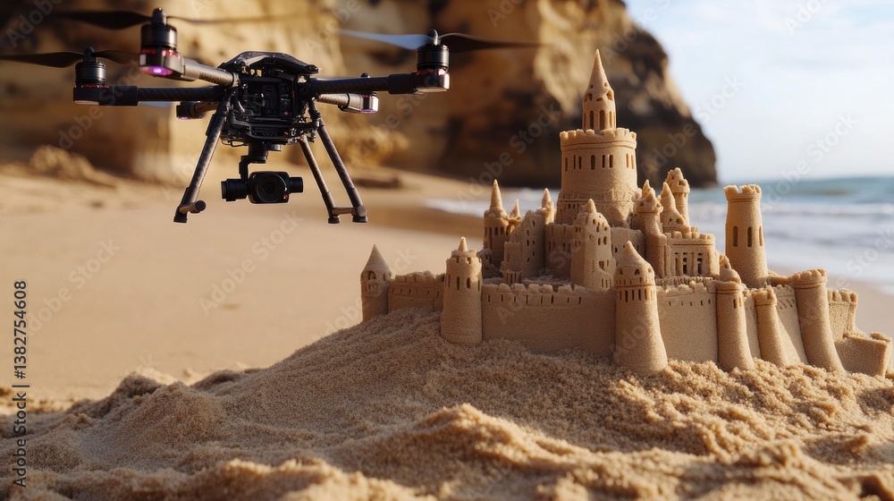 Flying Drone Inspecting Elaborate Sandcastle on Beach Near Ocean Shore