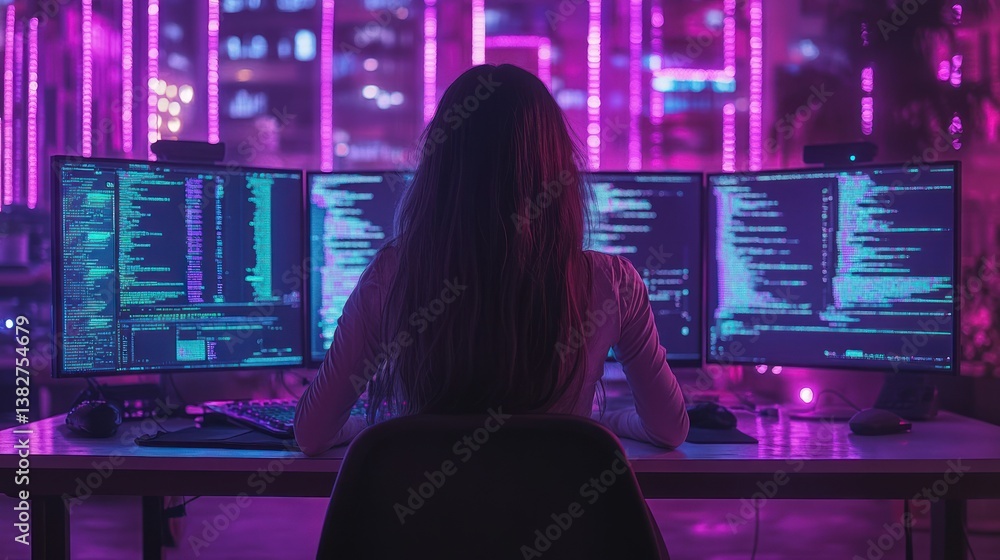 Woman Coding at Multiple Computer Screens in Cyberpunk Style Room