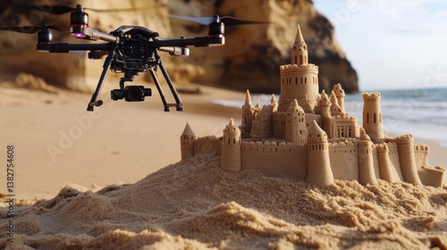 Obraz na płótnie Flying Drone Inspecting Elaborate Sandcastle on Beach Near Ocean Shore w salonie
