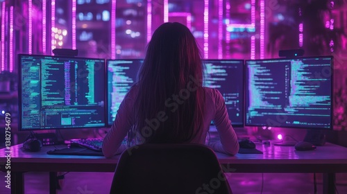 Obraz na płótnie Woman Coding at Multiple Computer Screens in Cyberpunk Style Room w salonie