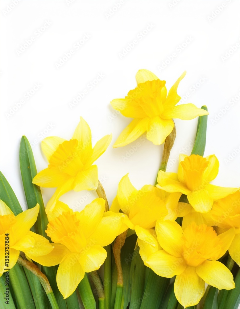 Obraz premium Vibrant yellow daffodils with green stems on white background