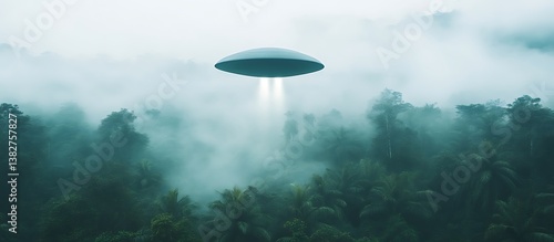 Ufo Hovering Over Misty Forest with Light Beams for Sci-fi