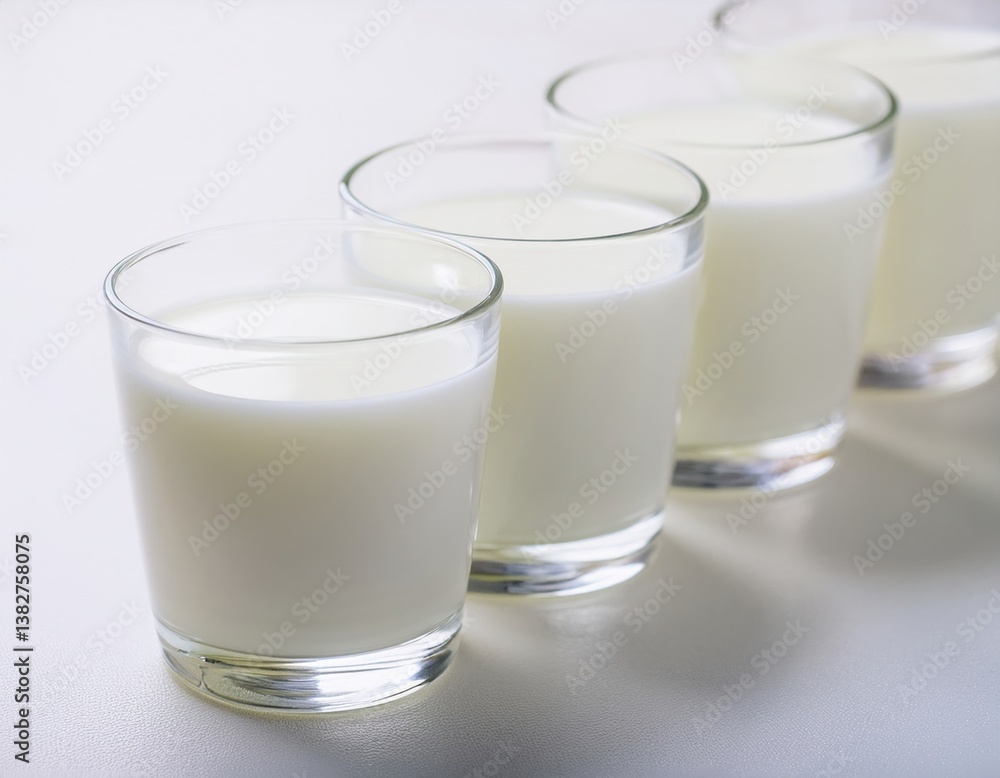Row of fresh milk glasses on white surface for healthy dairy nutrition Row of fresh milk glasses on white surface for healthy dairy nutrition