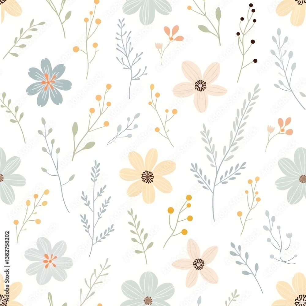 Vector floral pattern of wildflowers and leaves, pastel colors, Scandinavian style Pattern Design Vector floral pattern of wildflowers and leaves, pastel colors, Scandinavian style Pattern Design