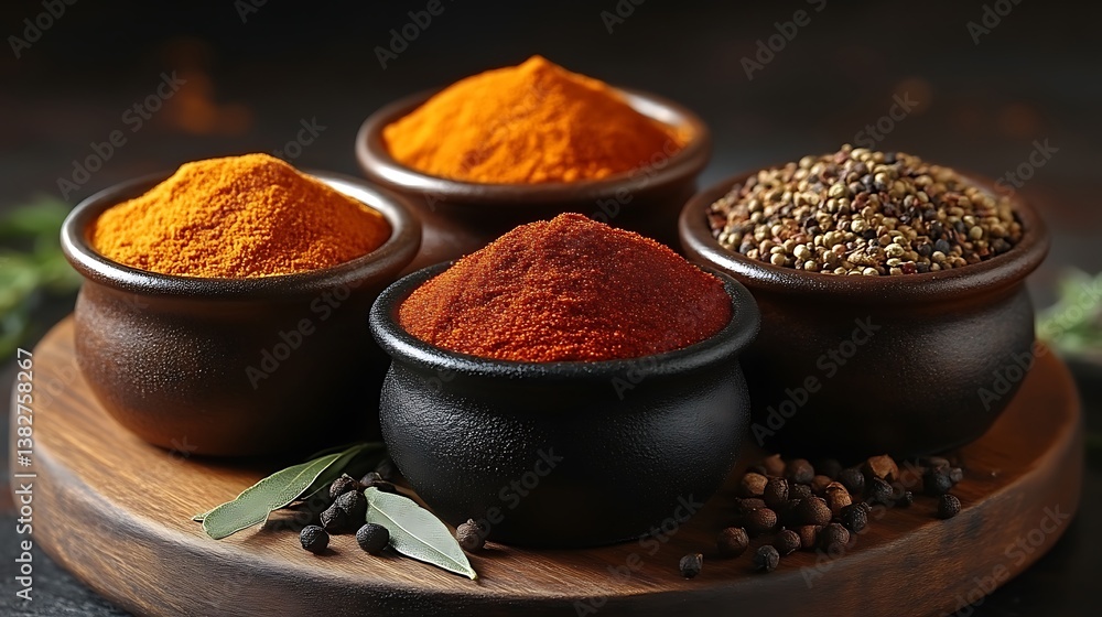 Variety of Spices Displayed in Small Bowls on Wooden Board Variety of Spices Displayed in Small Bowls on Wooden Board