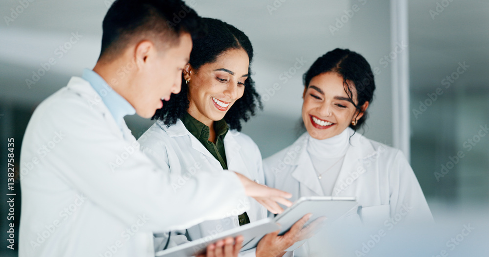 Tablet, meeting and scientists in laboratory at night for medical research with pharmaceutical discovery. Discussion, digital technology and science team with online report for healthcare innovation. Tablet, meeting and scientists in laboratory at night for medical research with pharmaceutical discovery. Discussion, digital technology and science team with online report for healthcare innovation.