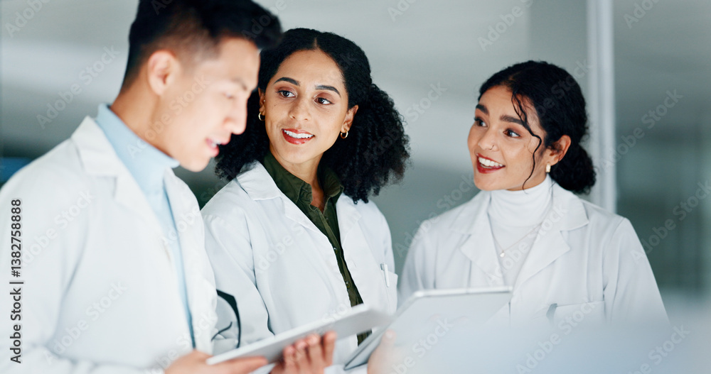 Fototapeta premium Tablet, discussion and team of scientists in laboratory at night for medical research with pharmaceutical discovery. Meeting, technology and biologists with online report for healthcare innovation.
