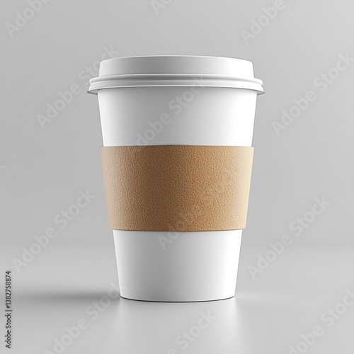 a coffee cup with a brown band on a white surface