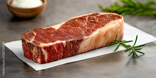 Juicy Steak: A mouthwatering, raw cut of premium steak, perfectly marbled, showcased on a white surface with herbs and a hint of salt, a culinary delight.