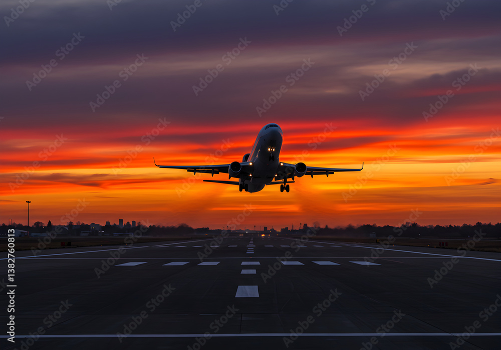 Fototapeta premium Airplane taking off at sunset with red sky