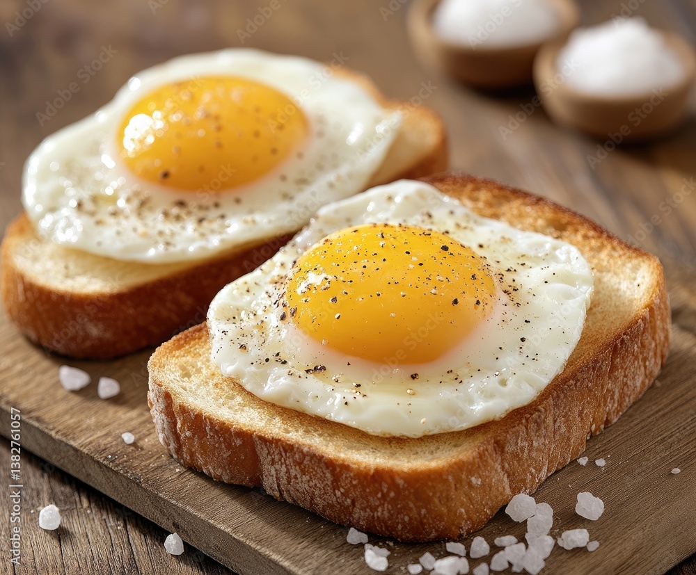 Crispy toasted bread topped with sunny-side-up eggs, seasoned with pepper Crispy toasted bread topped with sunny-side-up eggs, seasoned with pepper