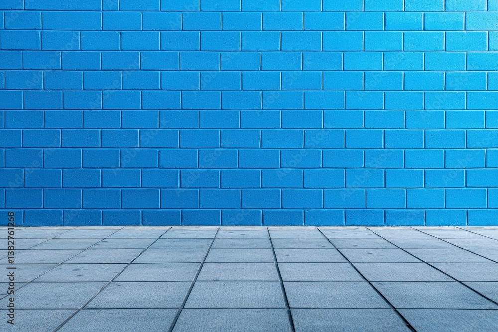 Fototapeta premium Big vivid blue brick wall extends along street sidewalk. Empty urban scene offers copy space. Horizontal photo captures large brick wall in city. Street background perfect for creative