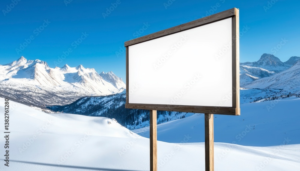 Blank billboard stands in snowy mountains. Majestic peaks winter landscape create stunning backdrop. Ideal for advertising promotional use. Winter vacation destination imagery. Outdoor Blank billboard stands in snowy mountains. Majestic peaks winter landscape create stunning backdrop. Ideal for advertising promotional use. Winter vacation destination imagery. Outdoor