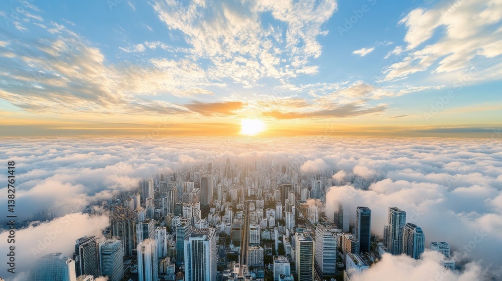 Fototapeta premium Urban Dawn, a vibrant city awakening as the sun rises, illuminating the skyline with warm hues and soft clouds blending in the sky
