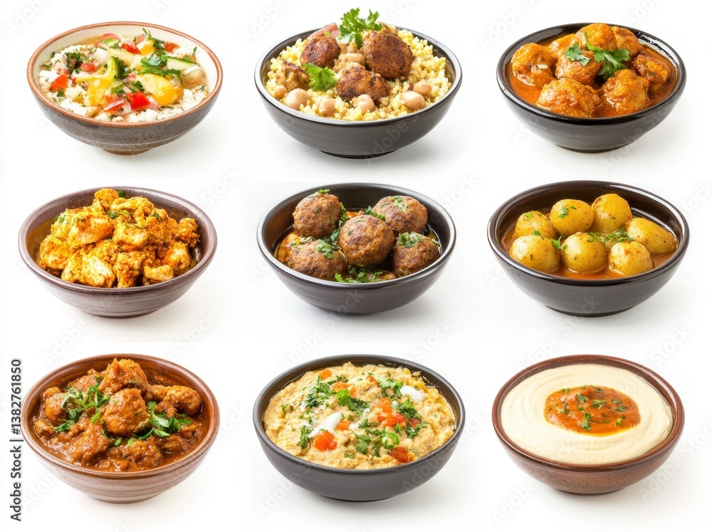 Middle Eastern Cuisine Displayed in Bowls Featuring Variety of Delicious Dishes Middle Eastern Cuisine Displayed in Bowls Featuring Variety of Delicious Dishes