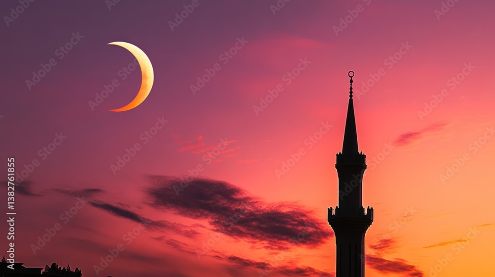 Minaret Silhouette Under a Crescent Moon and Colorful Sunset Sky