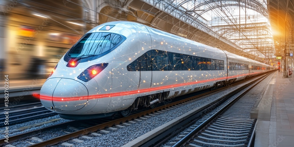 Fototapeta premium High-Speed Train with Digital Network Connectivity, Symbolizing Advanced Rail Travel Technology.