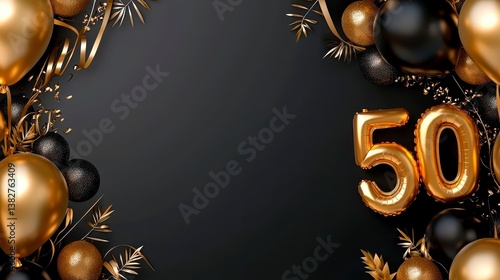 Golden 50th birthday party celebration background with golden numbers balloons. Party invitation menu template design. Festive black gold decor. Jubilee celebration golden wedding