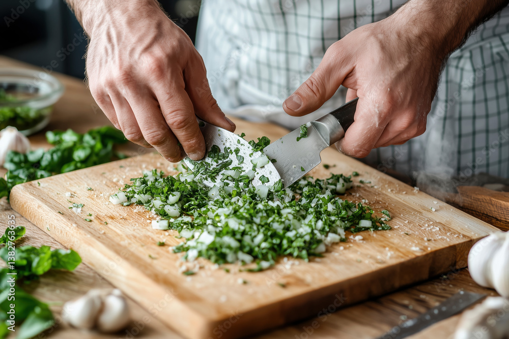 Close-up of chef's hands chopping fresh herbs on a wooden board. A culinary scene of food preparation, showcasing fresh ingredients and cooking process. Close-up of chef's hands chopping fresh herbs on a wooden board. A culinary scene of food preparation, showcasing fresh ingredients and cooking process.