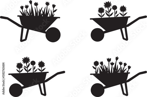 "Floral Garden Wheelbarrow Silhouette Bundle | Rustic Gardening Clipart & Botanical Vector Art"