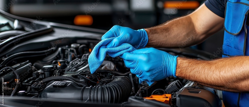 Obraz premium in blue gloves cleans car engine compartment with cloth. Person cares for car. Maintenance job in garage. Auto repair process. Focus on cleanliness detail. Car mechanic works carefully.