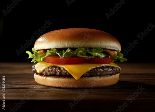 Delicious Cheeseburger on Wooden Table with Fresh Ingredients Close Up