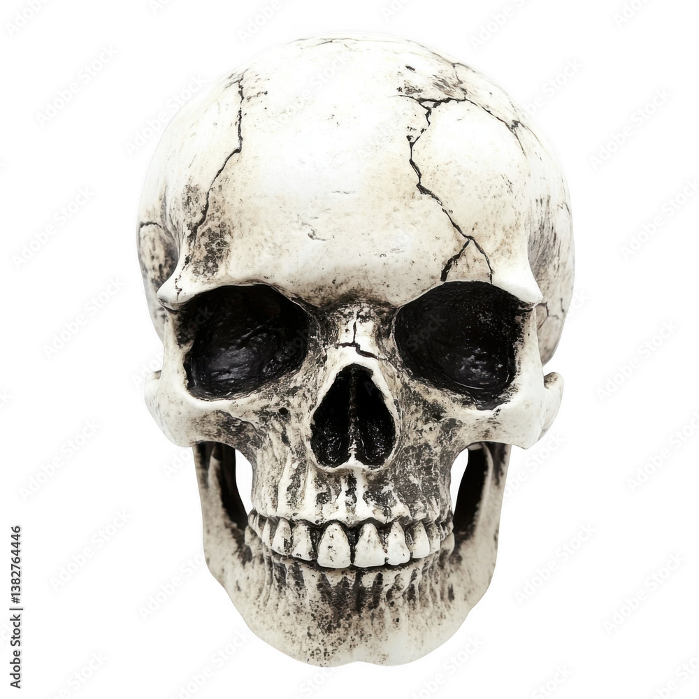 Obraz premium A close up shot of a cracked and weathered human skull against a transparent background in studio lighting