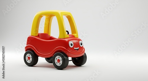 Red Toy Car with Yellow Top Smiling on White Background