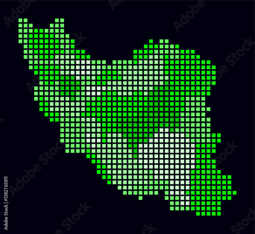 Iran dotted map. Digital style map of the country on dark background. Iran shape with square dots. Colored dots style. Large size squares. Vibrant vector illustration.
