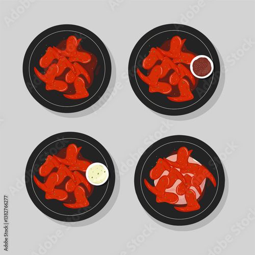 Korean food spicy chicken wings vector ilustration with various topping 