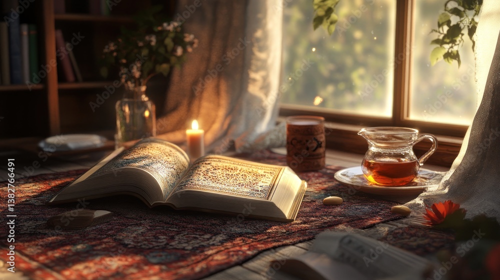 Open Book and Tea by Window with Candlelight for Cozy Reading