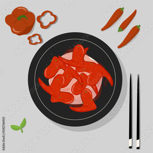 Crispy Korean fried chicken vector art illustration style isolated, chicken wings with rice 