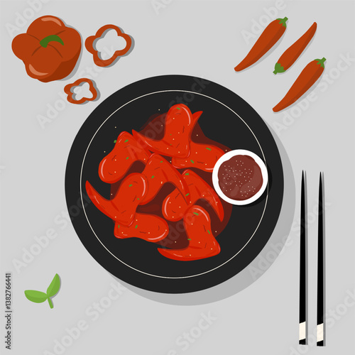 Spicy chicken wings Crispy Korean fried chicken vector art illustration style isolated