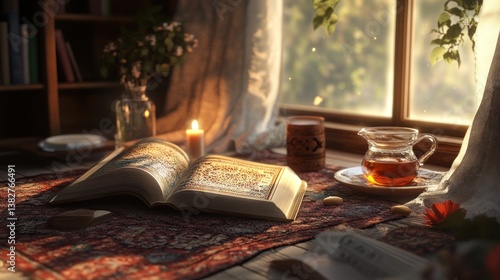 Open Book and Tea by Window with Candlelight for Cozy Reading