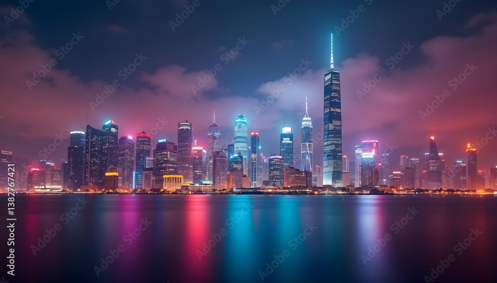 Fototapeta premium Vibrant Neon Cityscape Reflecting on Calm Water under cloudy sky Futuristic and Technological feel