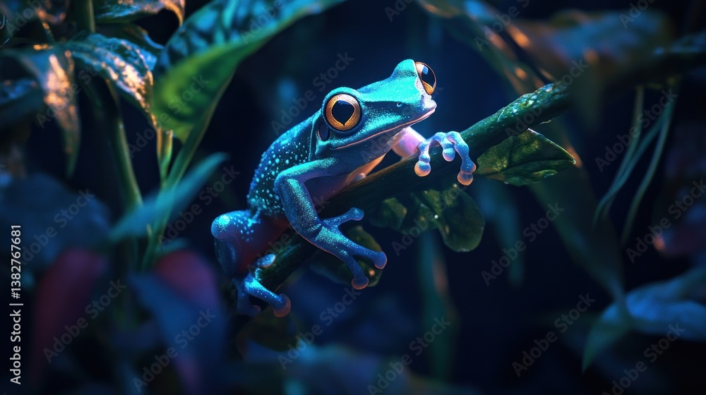Frog Perching on Branch in Tropical Setting Detailed Wildlife Image