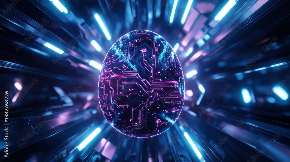 Glowing Electronic Egg Surrounded by Neon Lights in Futuristic Tunnel