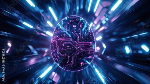 Obraz na płótnie Glowing Electronic Egg Surrounded by Neon Lights in Futuristic Tunnel w salonie