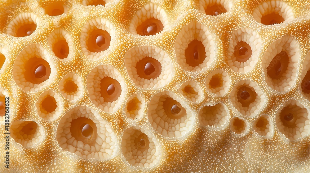 Close-up of porous, honeycomb-like texture with small, round holes and a pale yellow-orange color. Close-up of porous, honeycomb-like texture with small, round holes and a pale yellow-orange color.