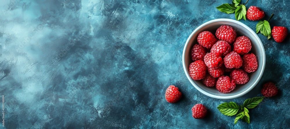 Fresh Ripe Raspberries in Bowl on Vibrant Blue Background, Top View, Healthy Summer Fruit Fresh Ripe Raspberries in Bowl on Vibrant Blue Background, Top View, Healthy Summer Fruit