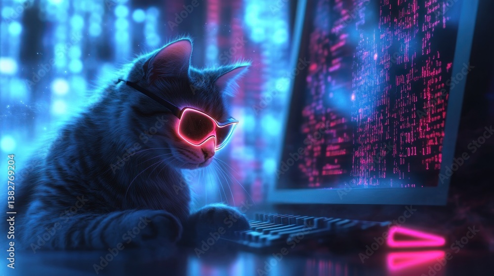 Cat Wearing Glasses Typing at Computer in a Futuristic Setting